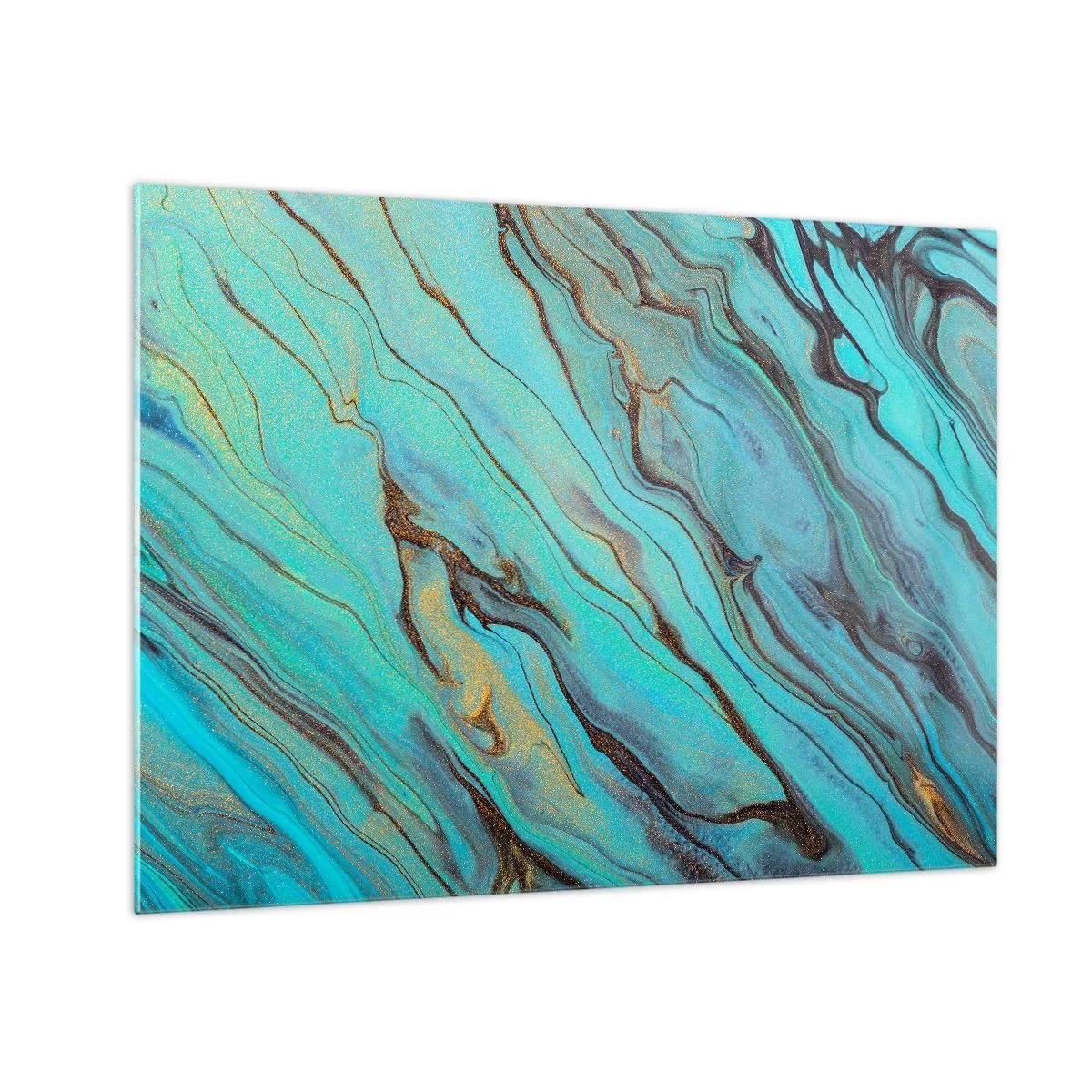 Tablou pe sticlă - Dungi abstracte în turcoaz și auriu - 70x50cm - Mareea turcoaz - Decorațiune modernă pentru perete pentru living și dormitor ARTTOR