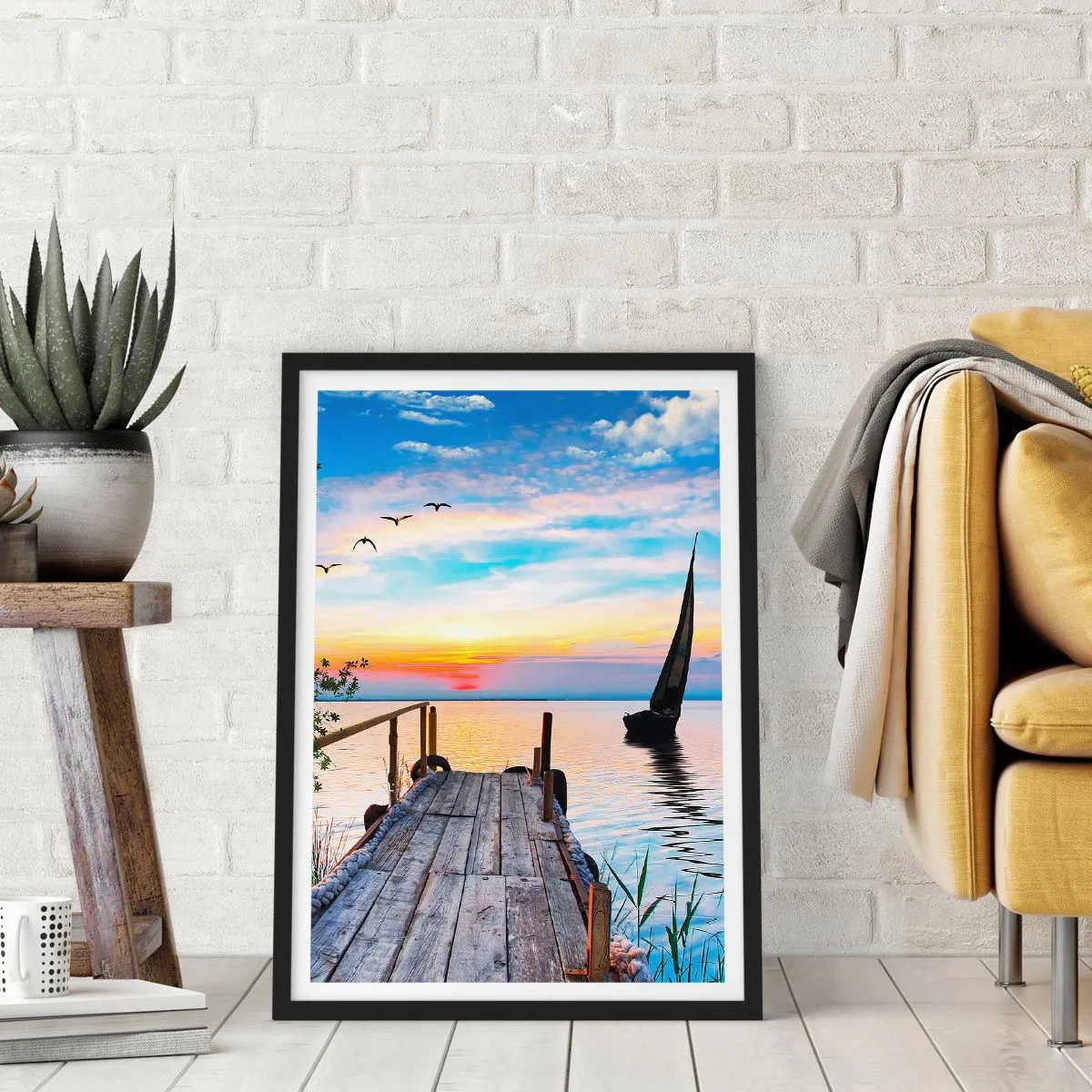 Poster în ramă neagră - Digul de pe malul lacului la apus - 50x70cm - Bună seara - Decorațiune modernă pentru perete pentru living și dormitor ARTTOR