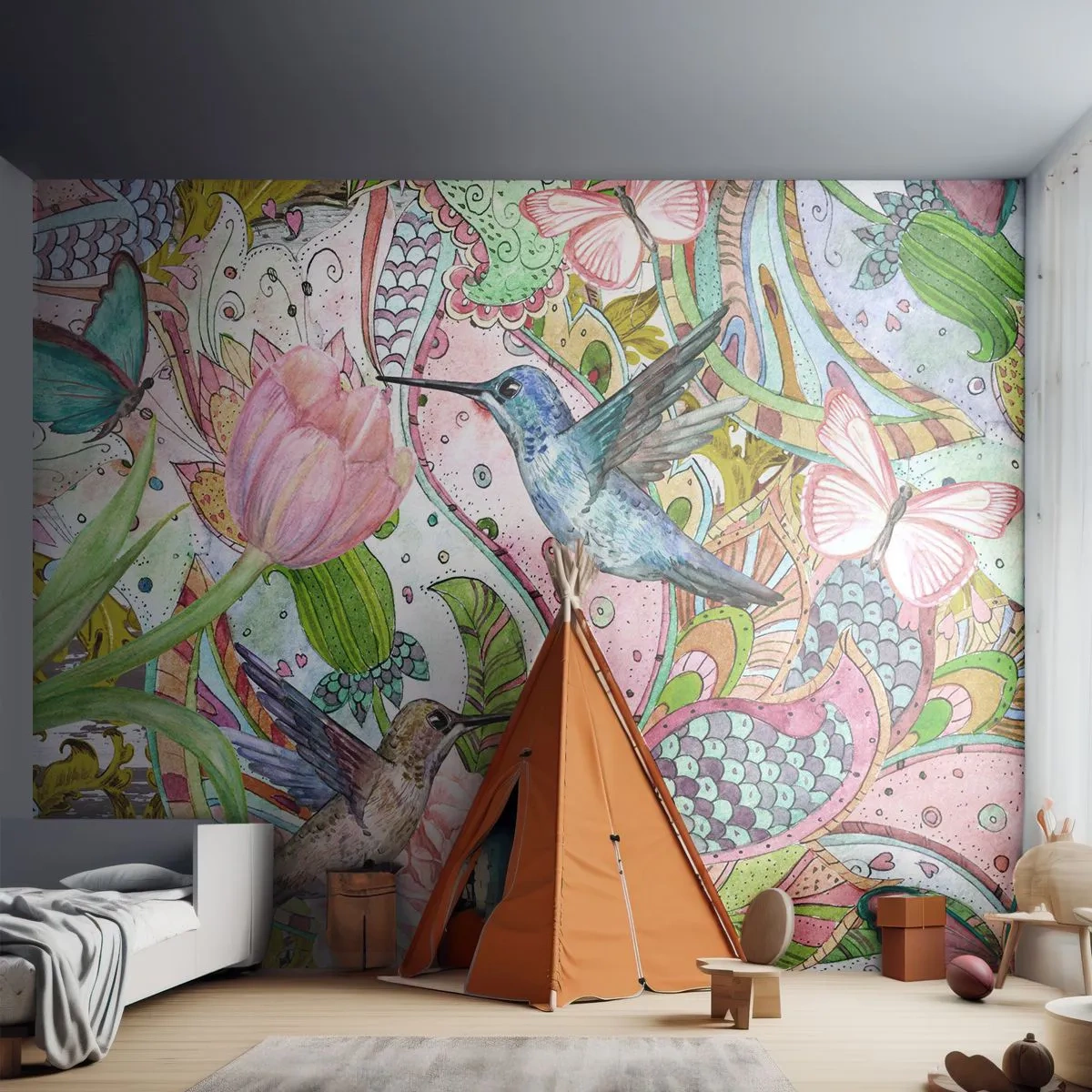 Tapet Standard Eco - Încurcat în viță de vie - Flori, Pasăre, Fluture - 400x280 cm