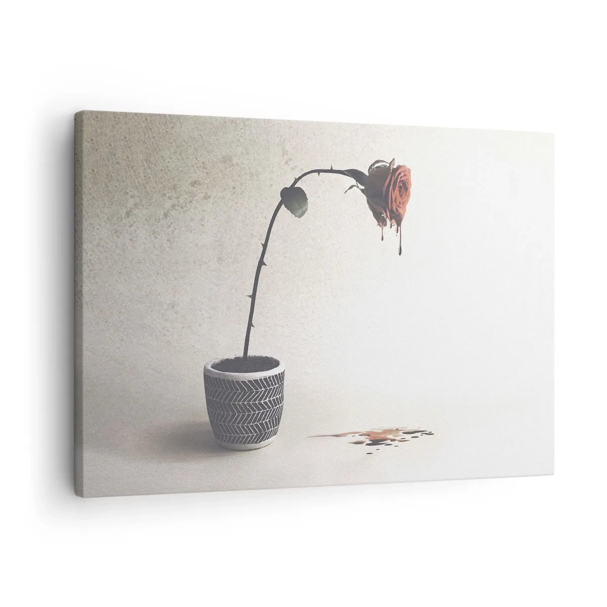Tablou pe pânză Canvas - Un trandafir roșu într-un ghiveci cu picături de colorant pe un fundal alb - 70x50cm - Rosa dolorosa - Decorațiune modernă pentru perete pentru living și dormitor ARTTOR