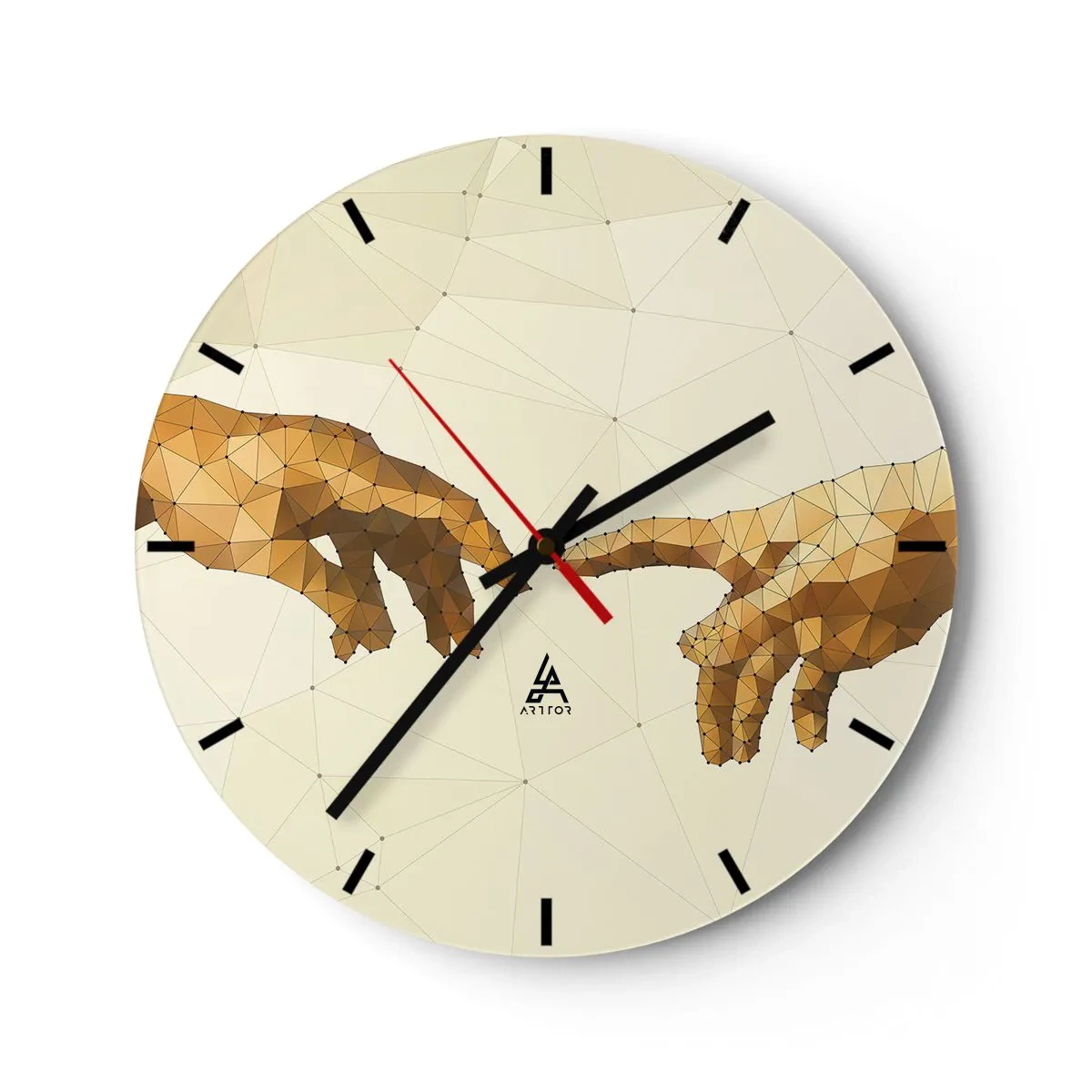 Ceas de perete - Ceas pe sticlă - Două mâini într-un stil geometric cu puncte de conectare - 30x30cm - Geometrie divină - Decorațiune modernă pentru perete pentru living, bucătărie și dormitor ARTTOR