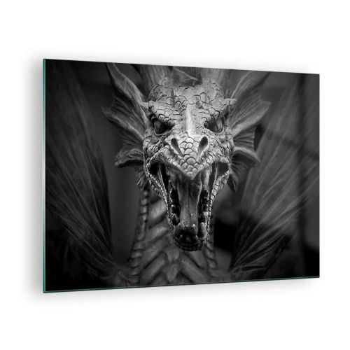 Tablou pe sticlă - Portret detaliat al unui dragon în alb și negru - 70x50cm - Dragon de basm în gri - Decorațiune modernă pentru perete pentru living și dormitor ARTTOR