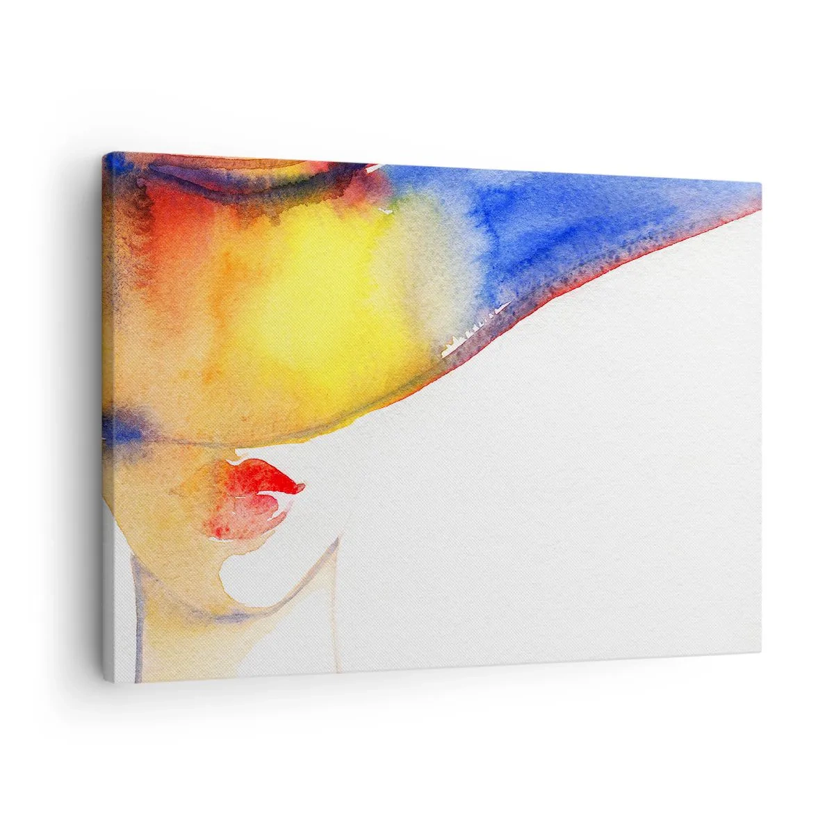 Tablou pe pânză Canvas - O pictură minimalistă în acuarelă reprezentând profilul unei femei cu o pălărie colorată. - 70x50cm - Portretul unei doamne    - Decorațiune modernă pentru perete pentru living și dormitor ARTTOR
