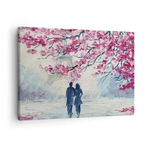 Tablou pe pânză Canvas - Un cuplu sub copaci roz înfloriți într-un cadru romantic - 70x50cm - Plimbare romantică - Decorațiune modernă pentru perete pentru living și dormitor ARTTOR