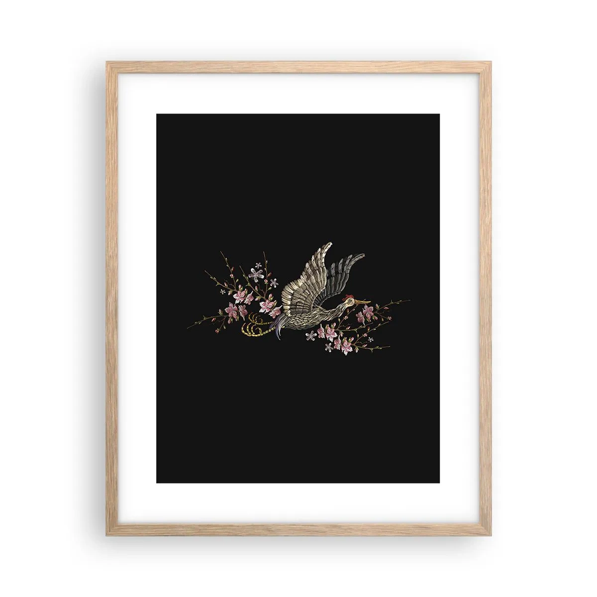 Poster în ramă de stejar deschis - Pasăre exotică brodată - 40x50 cm
