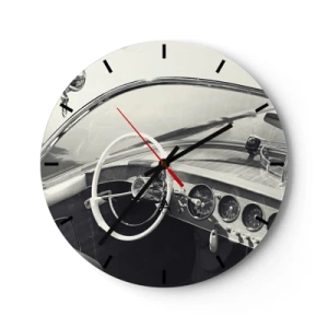 Ceas de perete - Ceas pe sticlă - Interiorul unei mașini clasice cu volan și bord - 30x30cm - E timpul pentru cei bogați - Decorațiune modernă pentru perete pentru living, bucătărie și dormitor ARTTOR