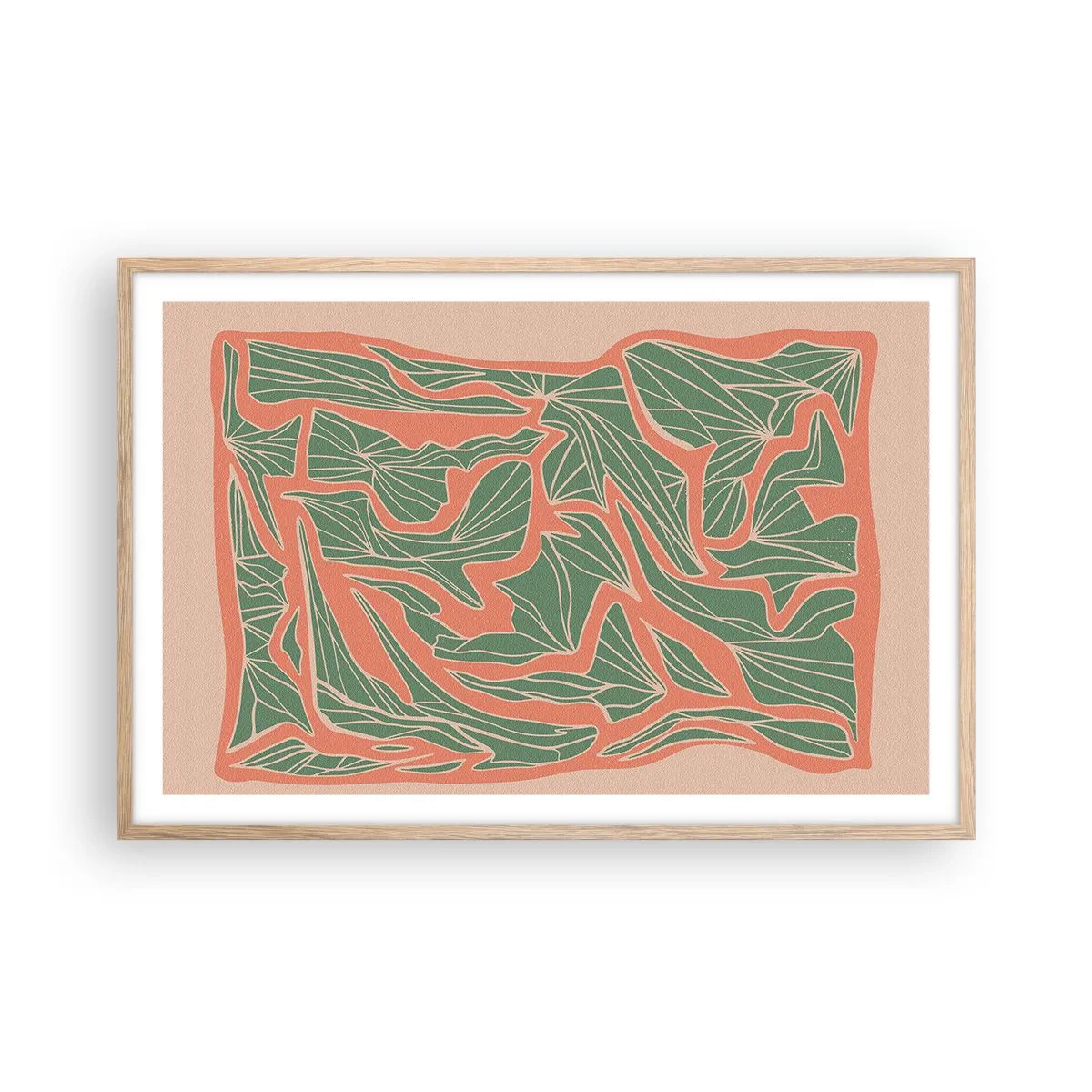 Poster în ramă de stejar deschis - Lupta dintre coral și verde - 91x61 cm