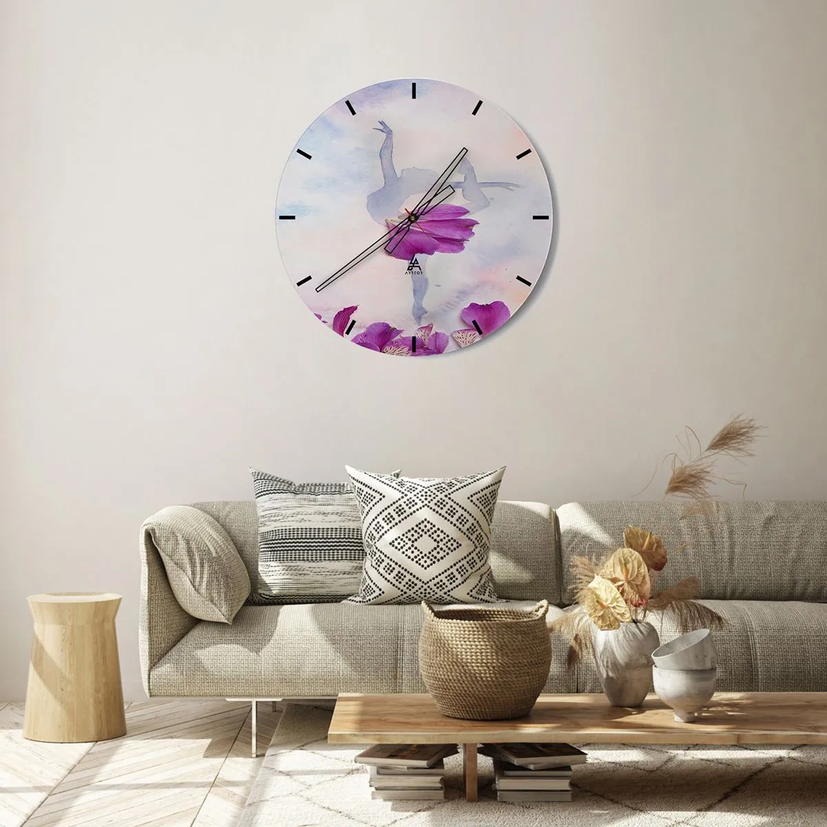 Ceas de perete - Ceas pe sticlă - Silueta unei balerine cu flori în culori pastelate - 30x30cm - Delicată ca o floare - Decorațiune modernă pentru perete pentru living, bucătărie și dormitor ARTTOR