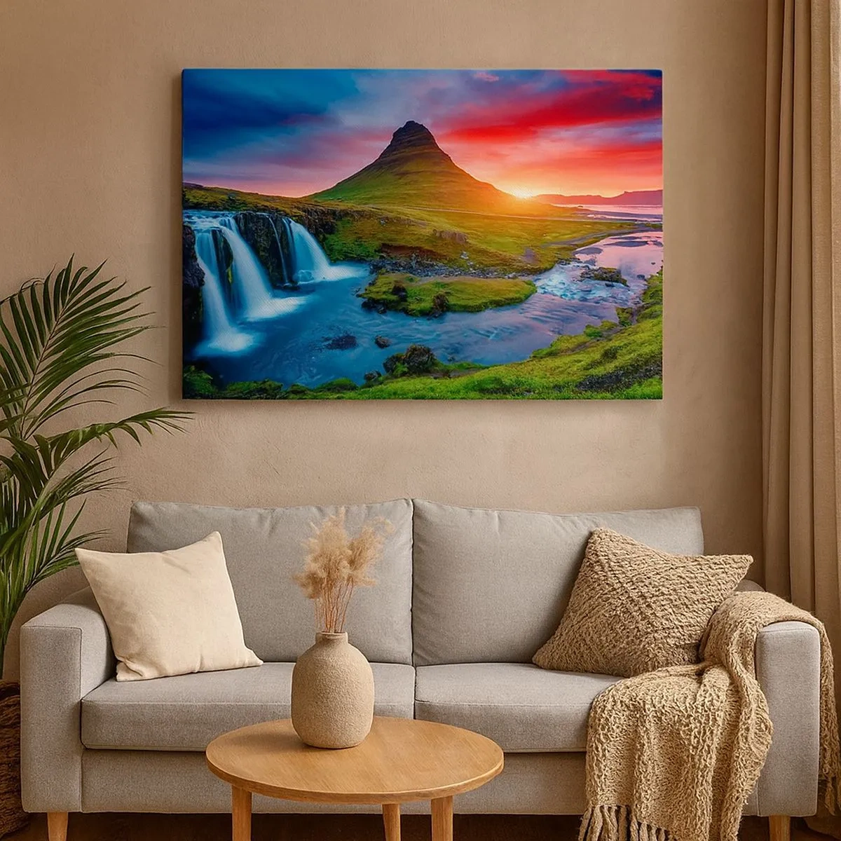 Tablou pe pânză Canvas - Cascadă pitorească și munte la apus - 70x50cm - Islanda - foc și apă - Decorațiune modernă pentru perete pentru living și dormitor ARTTOR