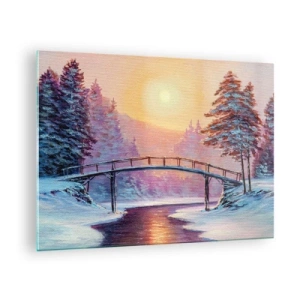Tablou pe sticlă - Peisaj de iarnă cu un pod peste un râu la apus - 70x50cm - Cele patru anotimpuri - iarna - Decorațiune modernă pentru perete pentru living și dormitor ARTTOR
