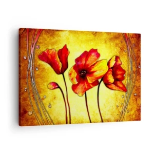 Tablou pe pânză Canvas - Flori roșii și galbene pe un fundal auriu cu modele decorative - 70x50cm - În stilul Art Nouveau - Decorațiune modernă pentru perete pentru living și dormitor ARTTOR