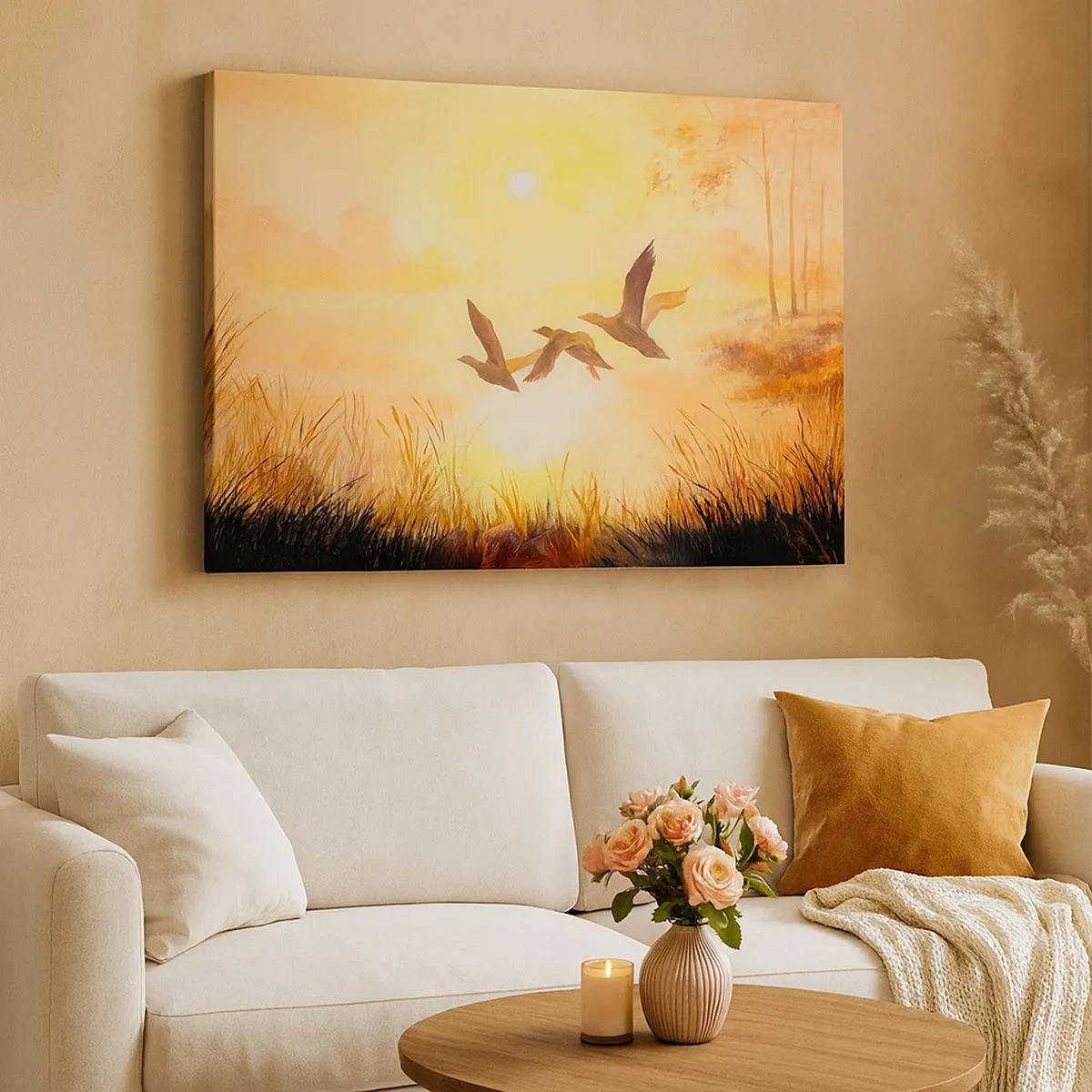 Tablou pe pânză Canvas - Rațe zburând la răsăritul soarelui peste lac - 70x50cm - Începutul unei lungi călătorii - Decorațiune modernă pentru perete pentru living și dormitor ARTTOR