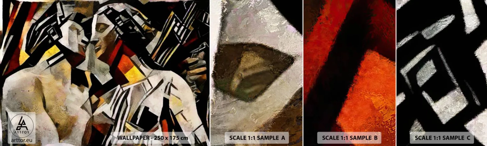 Mostră tapet autocolant Deluxe Sticker - Sărut statuar - Cuplu îndrăgostit, Cubism, Pup - 100x30 cm