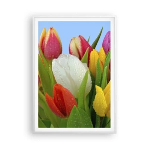 Poster în ramă albă - Un curcubeu floral în picături de rouă - 70x100 cm
