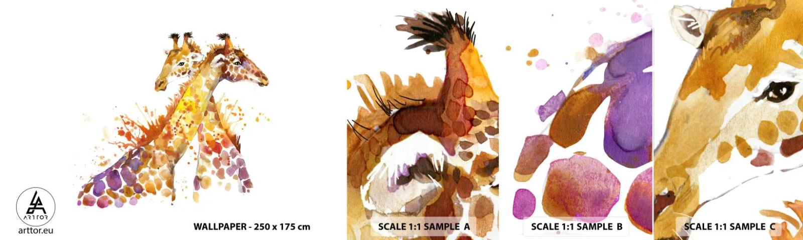 Mostră tapet autocolant Deluxe Sticker - Prietenie sau dragoste - Animale, Girafă, Grafică - 100x30 cm