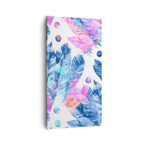 Tablou pe pânză - Pene în alb și albastru - 55x100 cm