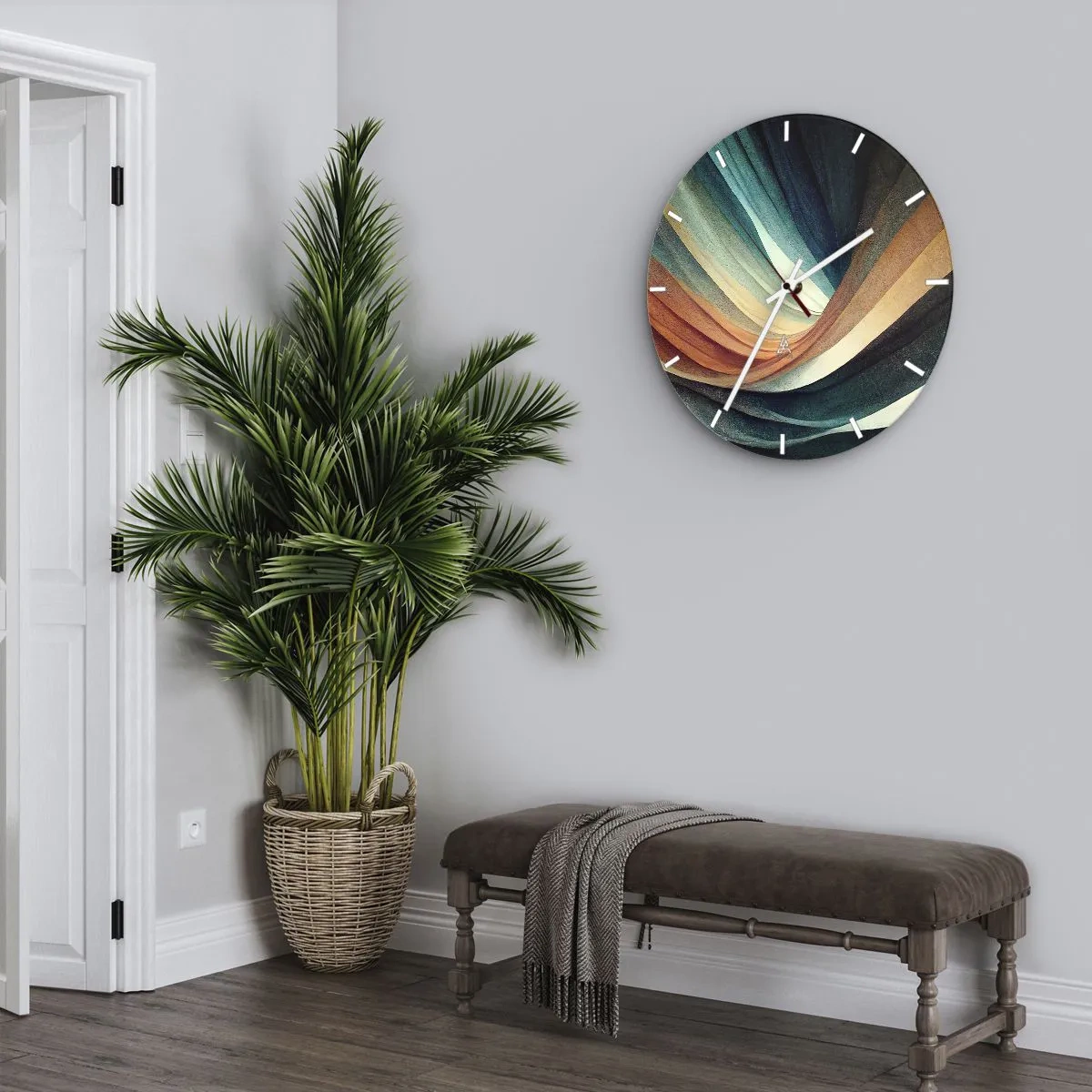 Ceas de perete - Ceas pe sticlă - Straturile ondulate de culoare creează o abstracție a materialului textil - 30x30cm - Țesute din culori - Decorațiune modernă pentru perete pentru living, bucătărie și dormitor ARTTOR