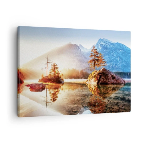 Tablou pe pânză Canvas - Un lac cu insule și munți în fundal la răsăritul soarelui - 70x50cm - Natura într-o nouă lumină - Decorațiune modernă pentru perete pentru living și dormitor ARTTOR