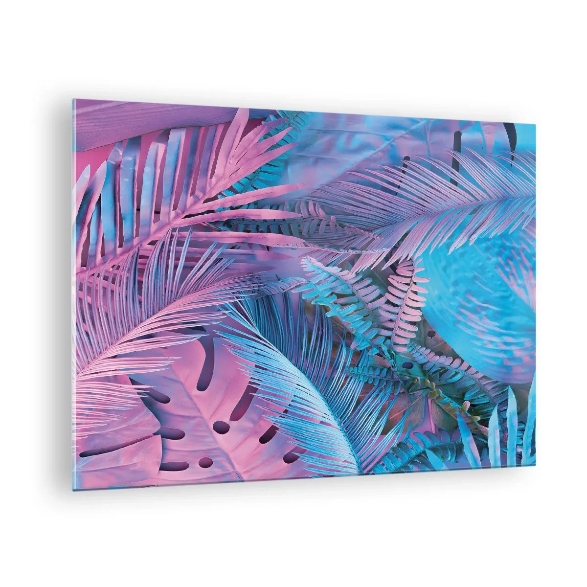 Tablou pe sticlă - Frunze tropicale în nuanțe de roz și albastru pe un fundal neon - 70x50cm - Palmieri în alb și albastru - Decorațiune modernă pentru perete pentru living și dormitor ARTTOR