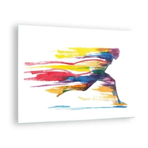 Tablou pe sticlă - Siluetă abstractă a unui alergător în culori dinamice - 70x50cm - Alergând peste curcubeu - Decorațiune modernă pentru perete pentru living și dormitor ARTTOR