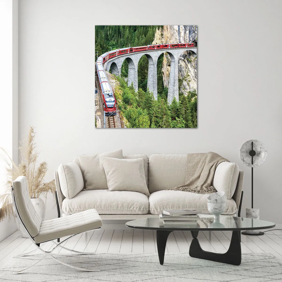 Tablou pe sticlă - Cu trenul prin munți - 30x30 cm