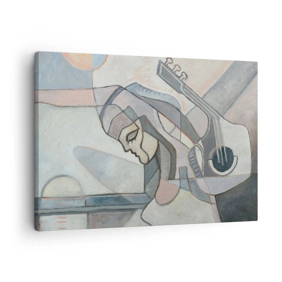 Tablou pe pânză Canvas - O figură abstractă cu o chitară în culori pastelate. - 70x50cm - În puterea muzicii - Decorațiune modernă pentru perete pentru living și dormitor ARTTOR