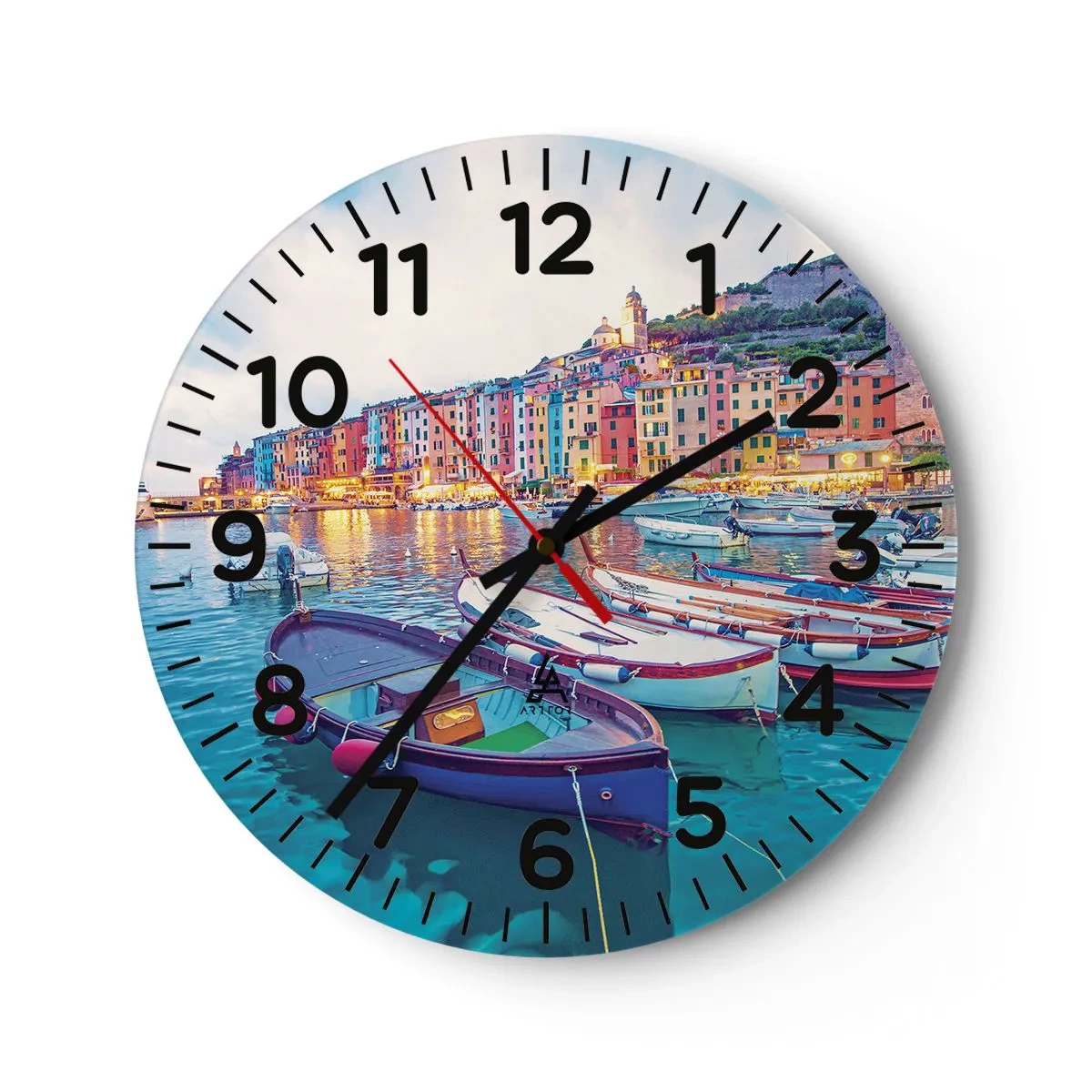 Ceas de perete - Ceas pe sticlă - O seară plină de culoare în port - 30x30 cm
