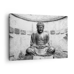 Tablou pe pânză Canvas - Statuie a lui Buddha în alb și negru într-o poză meditativă - 70x50cm - La sursa păcii - Decorațiune modernă pentru perete pentru living și dormitor ARTTOR
