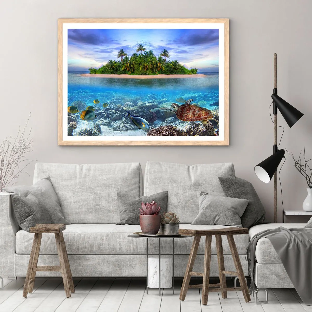 Poster în ramă de stejar deschis - Insula paradisiacă vă invită - 40x30 cm