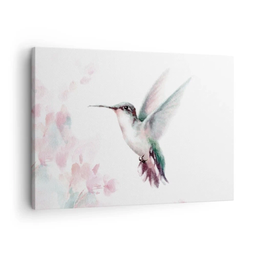 Tablou pe pânză Canvas - O colibri în culori pastelate delicate pe un fundal de flori - 70x50cm - Oprit în mișcare - Decorațiune modernă pentru perete pentru living și dormitor ARTTOR