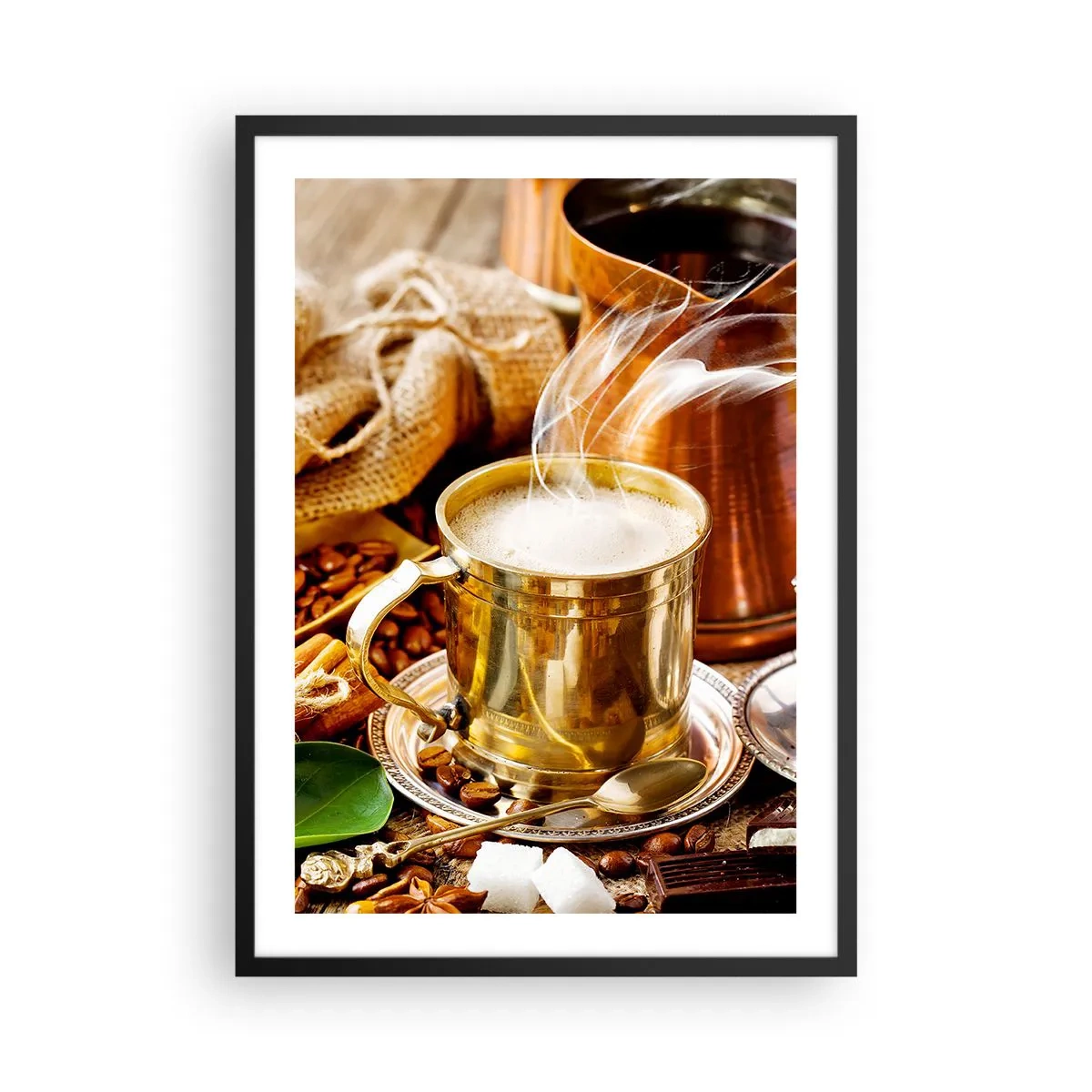Poster în ramă neagră - O cană aurie cu cafea fierbinte și abur pe un fundal de boabe de cafea. - 50x70cm - O zi bună! - Decorațiune modernă pentru perete pentru living și dormitor ARTTOR