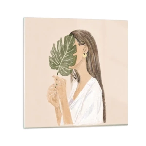 Tablou pe sticlă - Portret misterios cu un evantai - 60x60 cm