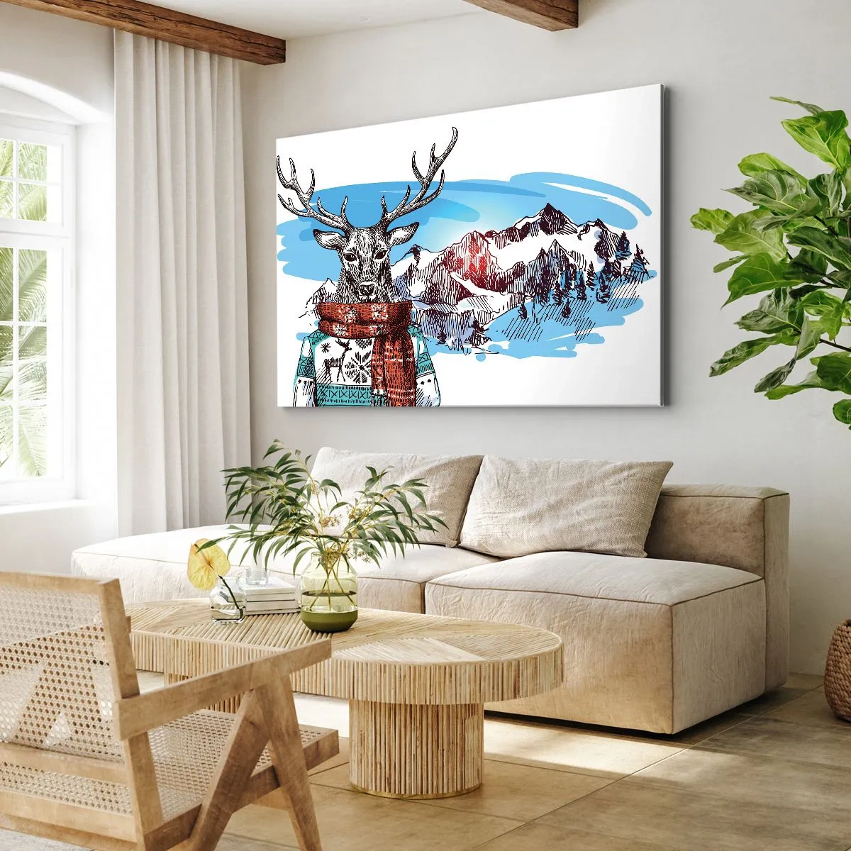 Tablou pe pânză Canvas - Un cerb într-un pulover de iarnă pe fundalul unui peisaj montan - 70x50cm - Nici măcar un cerb nu îngheață  - Decorațiune modernă pentru perete pentru living și dormitor ARTTOR