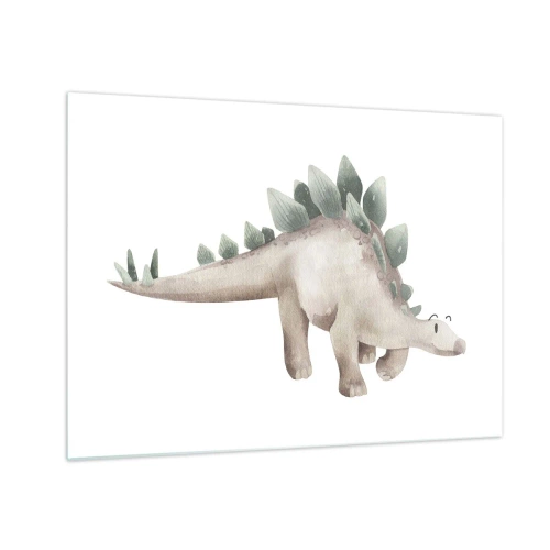 Tablou pe sticlă - Un dinozaur drăguț în culori pastelate pe fundal alb - 70x50cm - Prietenul tău - Decorațiune modernă pentru perete pentru living și dormitor ARTTOR