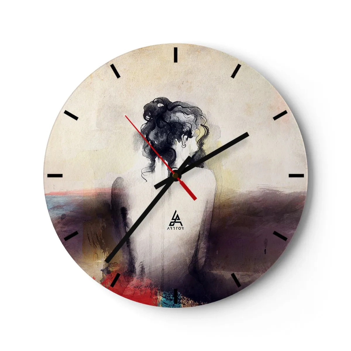 Ceas de perete - Ceas pe sticlă - Un portret subtil al unei femei cu spatele întors pe un fundal pastel. - 30x30cm - Linii moi, forme ovale - Decorațiune modernă pentru perete pentru living, bucătărie și dormitor ARTTOR