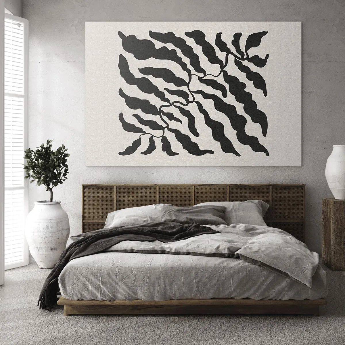 Tablou pe sticlă - Operă botanică cu frunze negre organice - 70x50cm - Natura pătratului - Decorațiune modernă pentru perete pentru living și dormitor ARTTOR