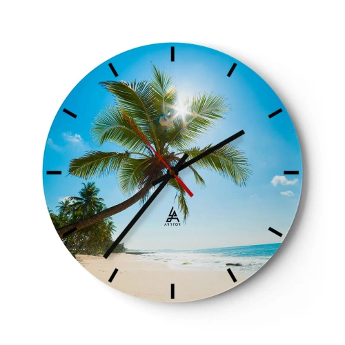 Ceas de perete - Ceas pe sticlă - Plajă tropicală cu palmieri și un cer albastru luminat de soare - 30x30cm - Nu arăta nimănui - Decorațiune modernă pentru perete pentru living, bucătărie și dormitor ARTTOR