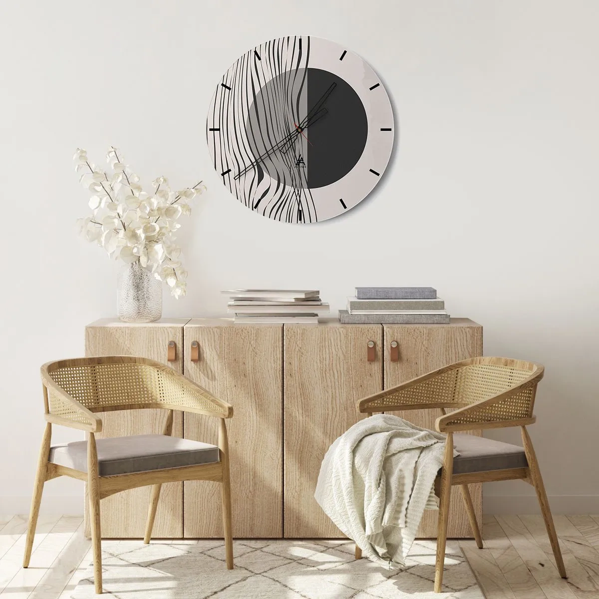 Ceas de perete - Ceas pe sticlă - Compoziție abstractă cu valuri și un cerc - 30x30cm - Semicompunere - Decorațiune modernă pentru perete pentru living, bucătărie și dormitor ARTTOR