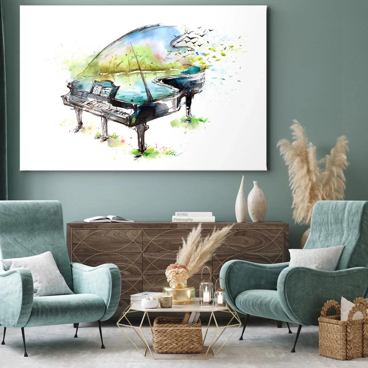 Tablou pe pânză Canvas - Pictură artistică în acuarelă a unui pian cu natura în fundal - 70x50cm - Încântat de muzică - Decorațiune modernă pentru perete pentru living și dormitor ARTTOR