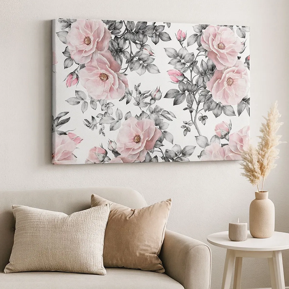 Tablou pe pânză Canvas - Trandafiri roz și frunze pe un fundal alb-negru delicat - 70x50cm - Pierde-te în florile de trandafir - Decorațiune modernă pentru perete pentru living și dormitor ARTTOR