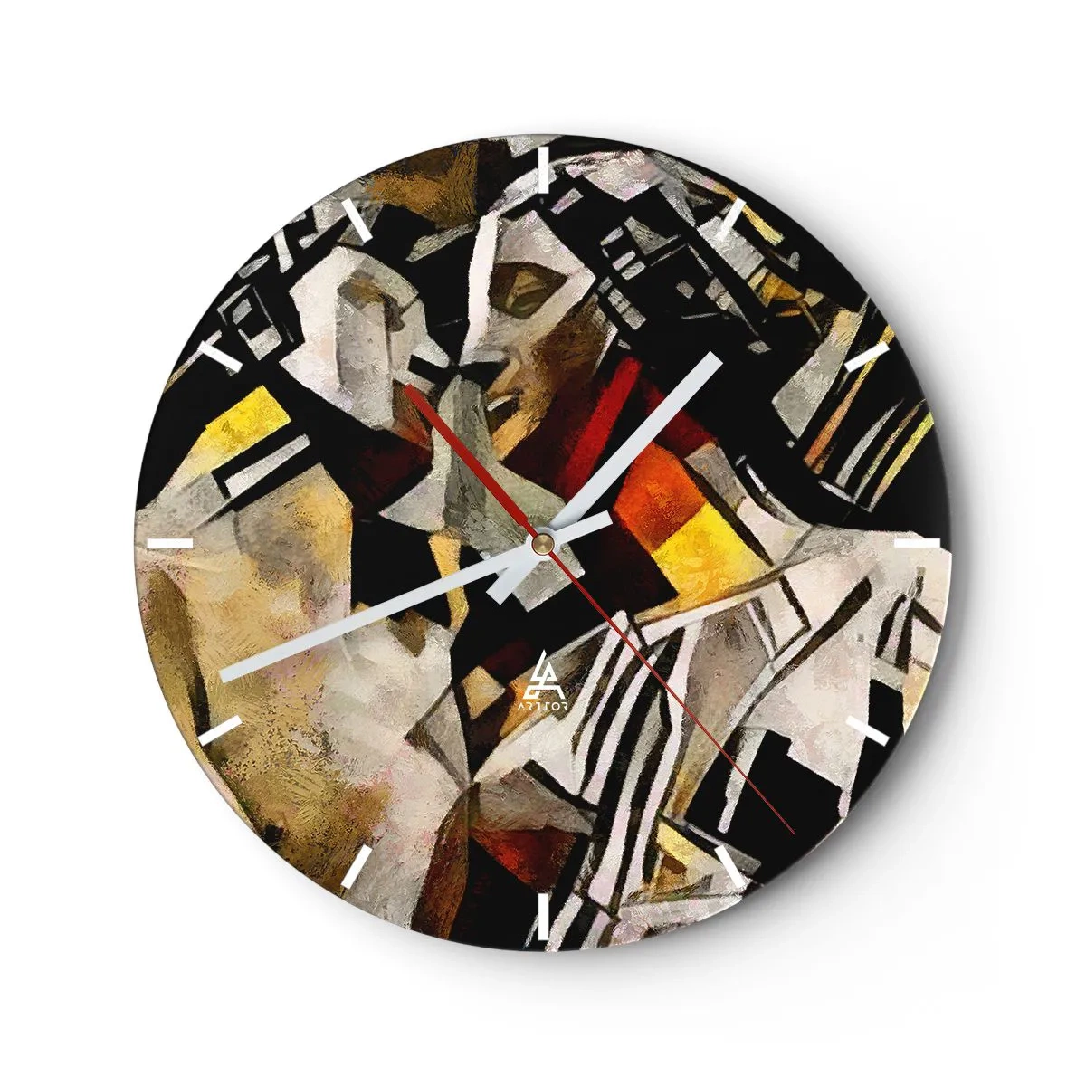 Ceas de perete - Ceas pe sticlă - Reprezentare cubistă a două figuri în forme abstracte - 30x30cm - Sărut statuar - Decorațiune modernă pentru perete pentru living, bucătărie și dormitor ARTTOR