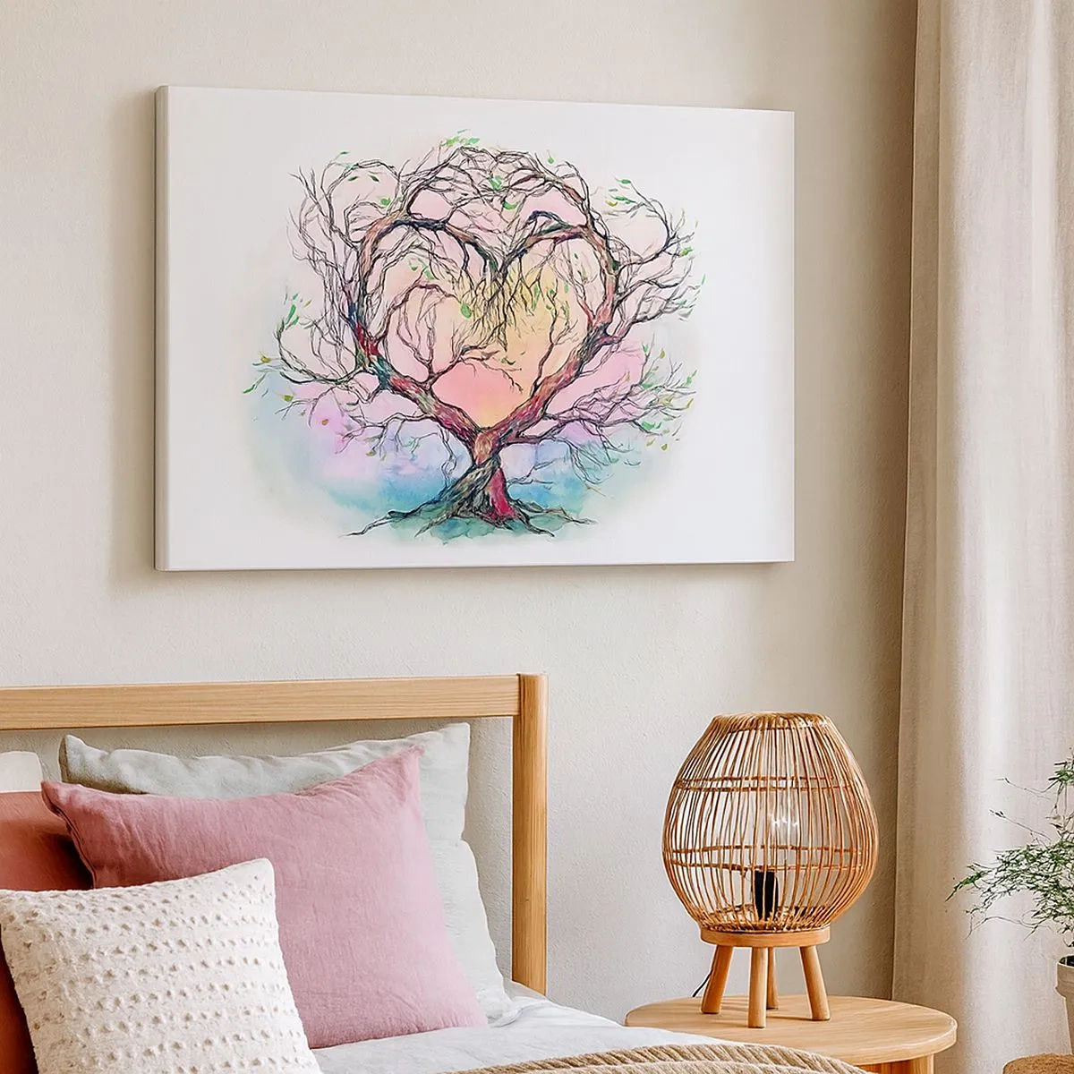 Tablou pe pânză Canvas - Un copac în formă de inimă pe un fundal de culori pastelate delicate - 70x50cm - Împreună împotriva vijeliei - Decorațiune modernă pentru perete pentru living și dormitor ARTTOR
