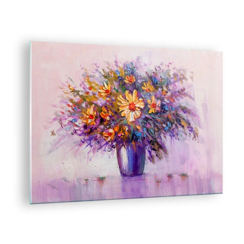 Tablou pe sticlă - Un buchet de flori colorate într-o vază pe un fundal pastel - 70x50cm - Miroase dulce, arată dulce - Decorațiune modernă pentru perete pentru living și dormitor ARTTOR