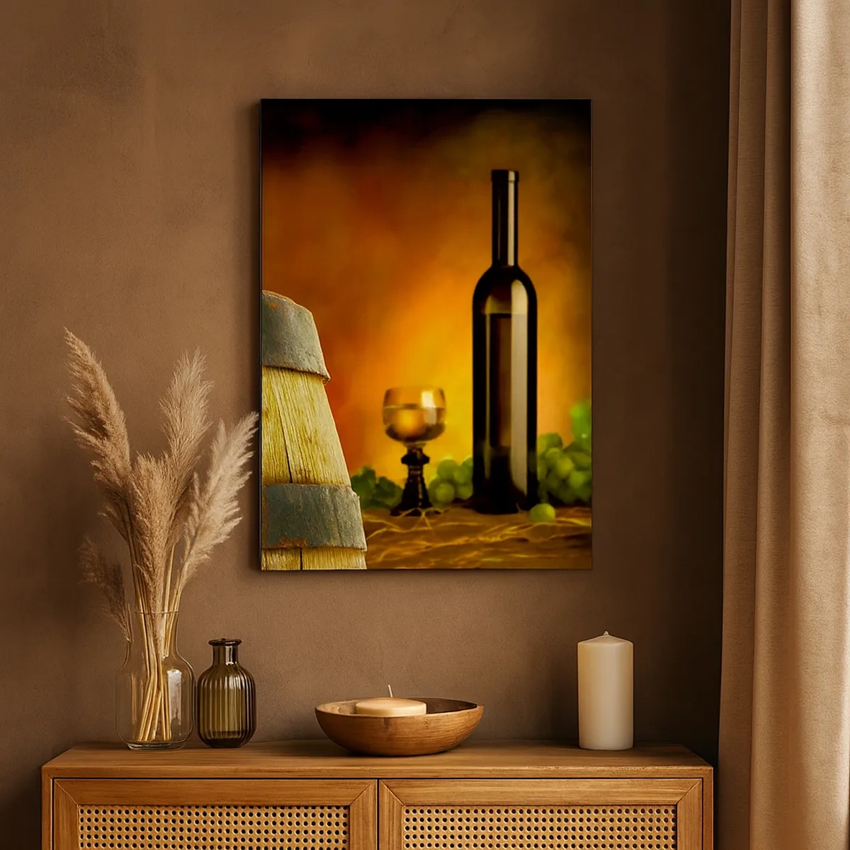 Tablou pe pânză - Natură moartă cu o sticlă de vin și un ciorchine de struguri - 50x70 cm