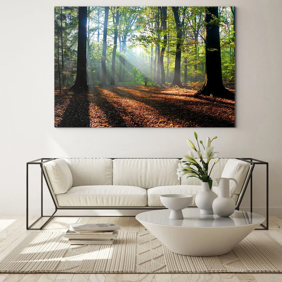 Tablou pe sticlă - O pădure în razele soarelui într-un peisaj de toamnă - 70x50cm - Străluciri și umbre - Decorațiune modernă pentru perete pentru living și dormitor ARTTOR