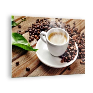 Tablou pe sticlă - ceașcă de cafea înconjurată de boabe pe o masă de lemn - 70x50cm - Cafea pe bancă - Decorațiune modernă pentru perete pentru living și dormitor ARTTOR