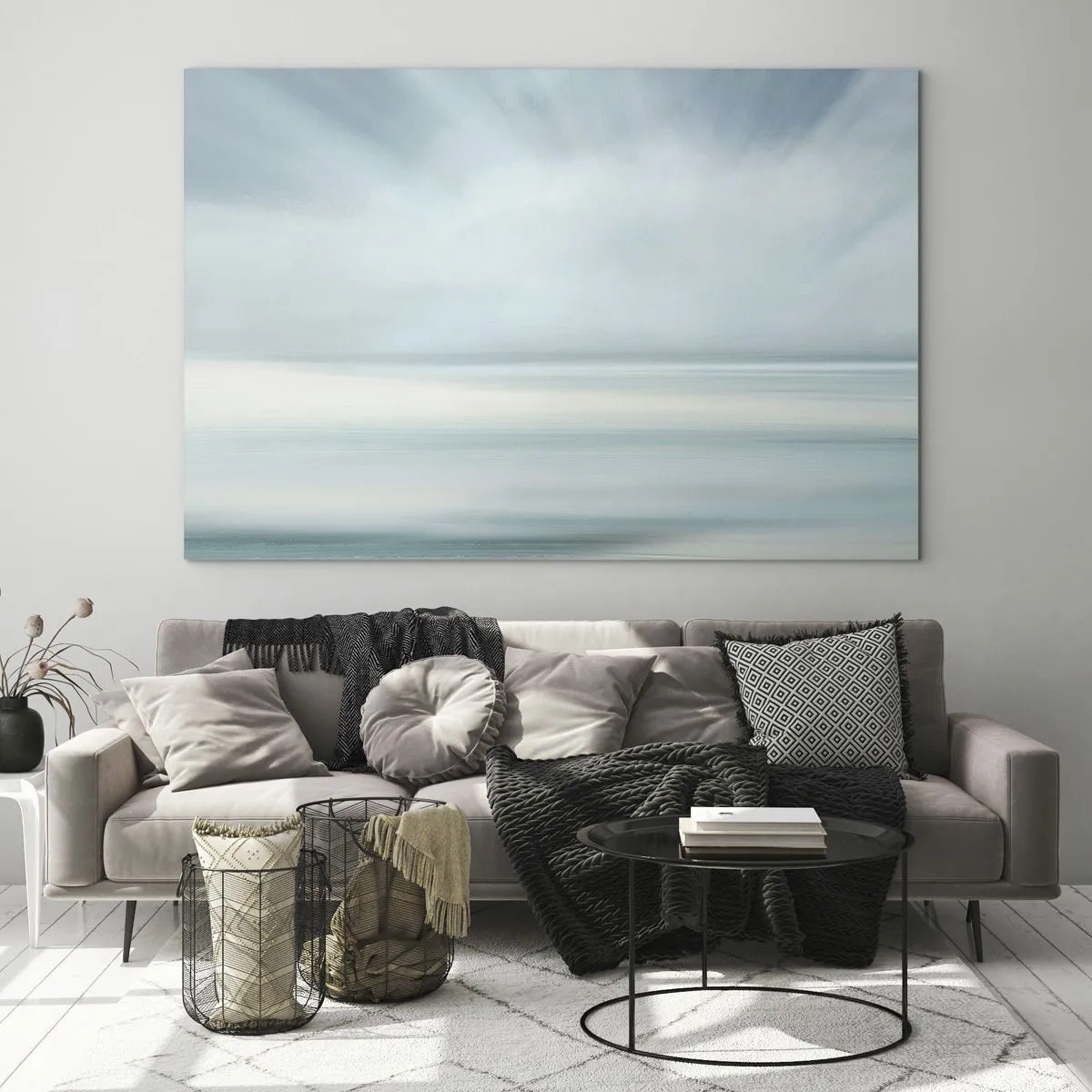 Tablou pe sticlă - Abstracție estompată în nuanțe de albastru, alb și gri - 70x50cm - Liniște până la orizont - Decorațiune modernă pentru perete pentru living și dormitor ARTTOR