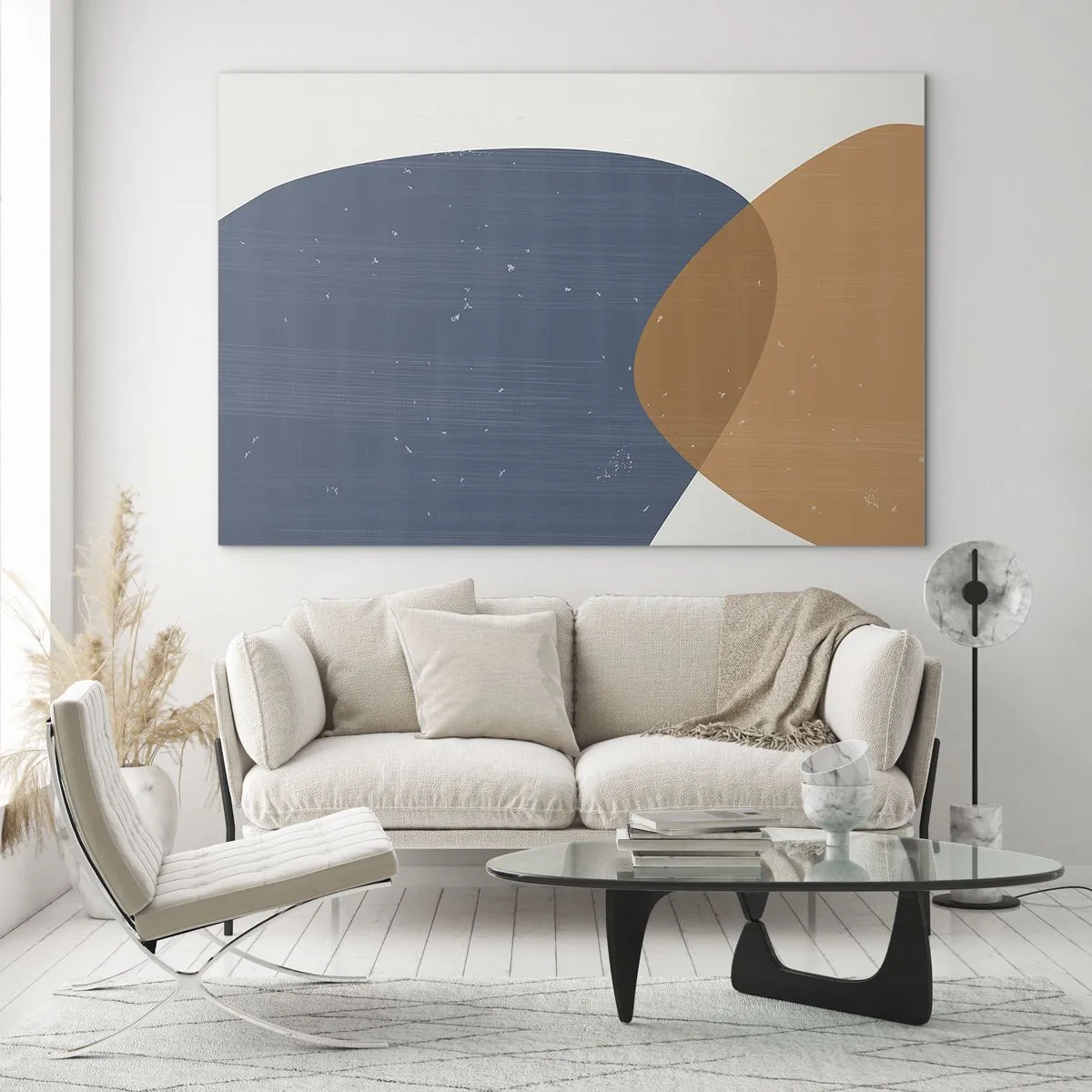 Tablou pe sticlă - Compoziție geometrică cu ovale bleumarin și bej - 70x50cm - Ovale și influențe - Decorațiune modernă pentru perete pentru living și dormitor ARTTOR
