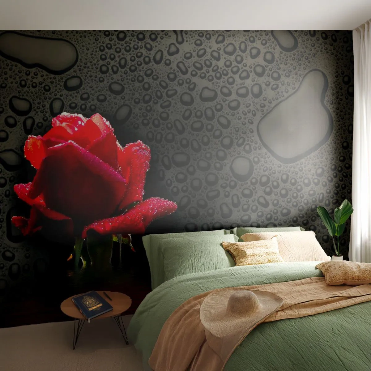 Tapet Standard Eco - Roșu și negru - Flori, Trandafir, Apă - 200x140 cm
