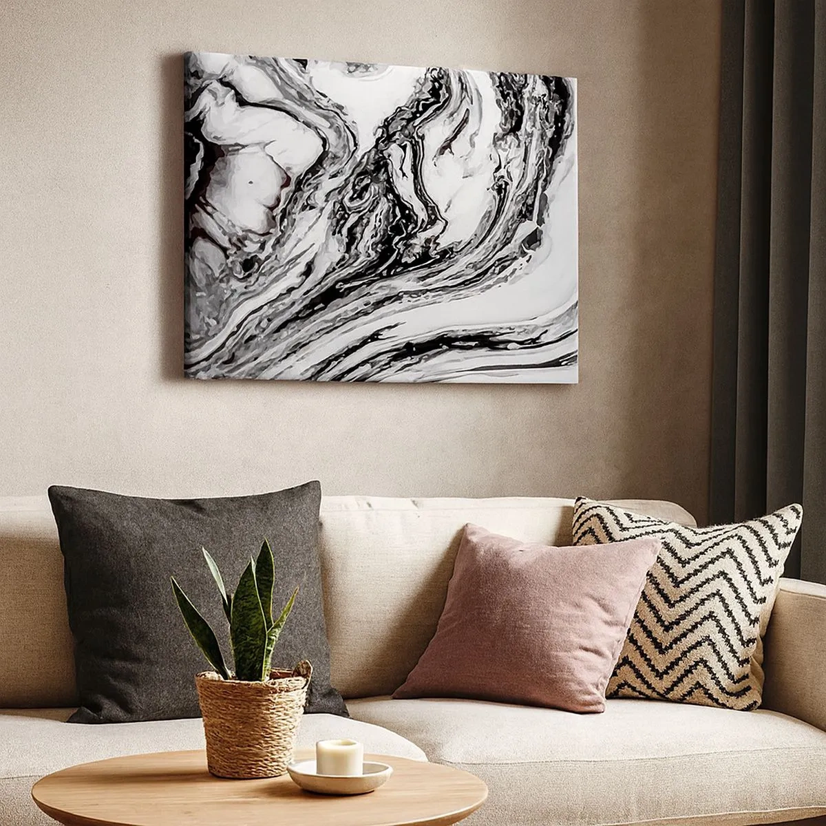 Tablou pe pânză Canvas - Model abstract de marmură în alb și negru - 70x50cm - La început a fost haos - Decorațiune modernă pentru perete pentru living și dormitor ARTTOR